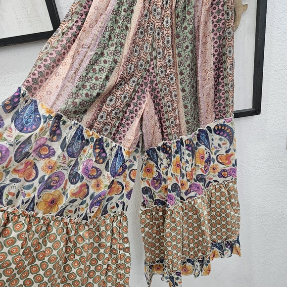 POL Boho Wide-Leg Palazzo Patchwork Pants - Beige, Green & Multicolor - Picture 5 of 7